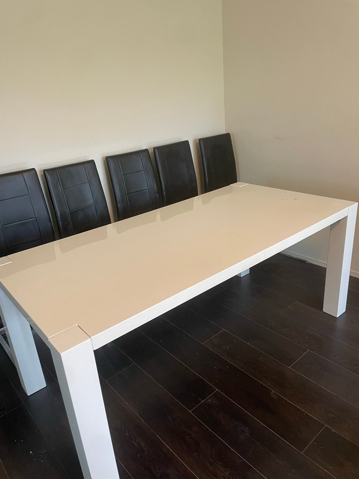 Complete 6-persoons eethoek met beige tafel en zwarte stoele, Ophalen, Gebruikt, Vijf personen of meer, Rechthoekig