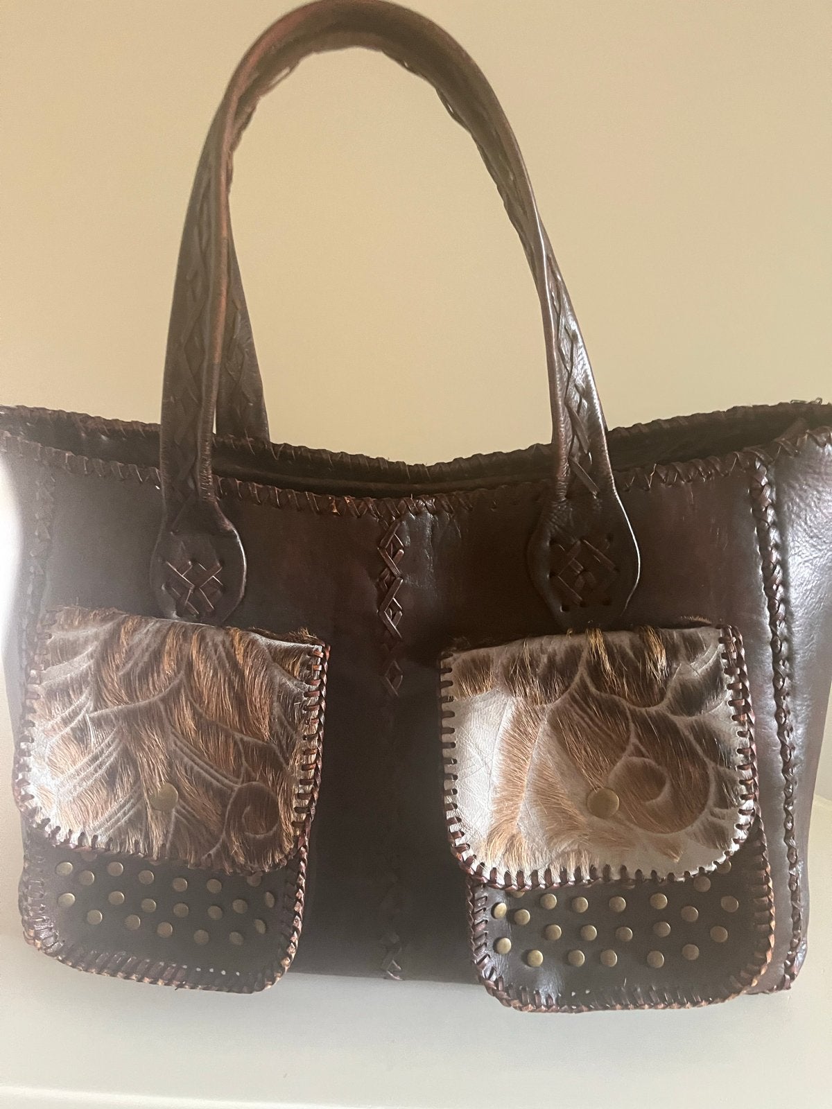 Unieke handgemaakte leren tas uit Bali  45/29 cm, Ophalen of Verzenden, Gebruikt, Bruin, Handtas