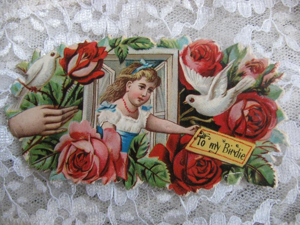 Antiek Poesieplaatje - Hand Roos / Meisje Duif To My Birdie, Verzenden