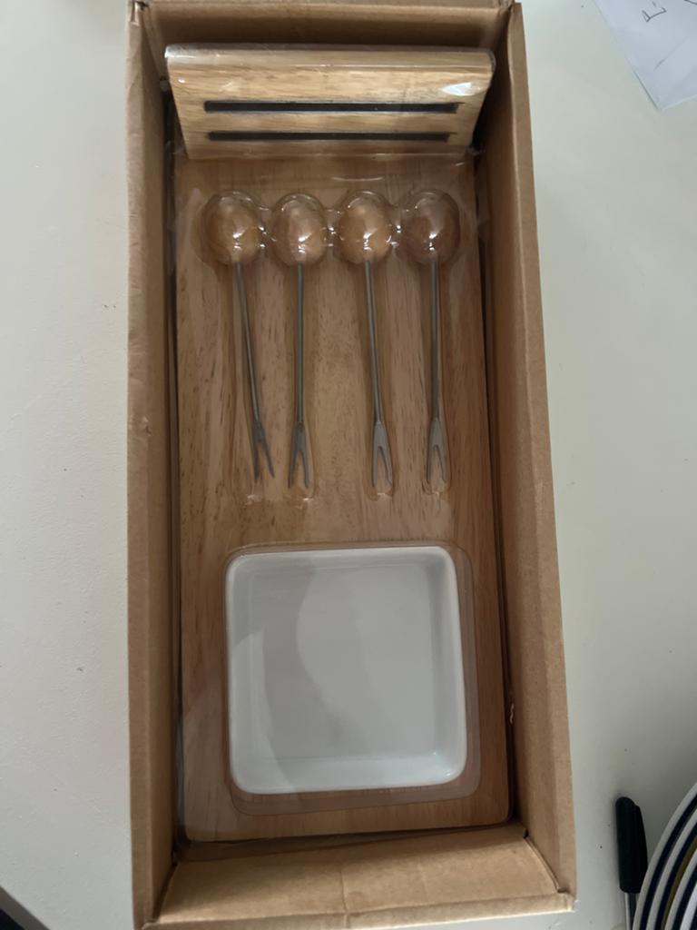 Kaasfondue set met vorkjes en schaaltje, Overige typen, Hout, Nieuw, Ophalen of Verzenden