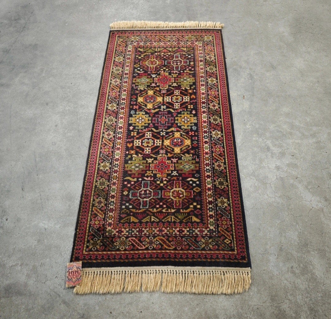 Vintage oosters wol Kazak vloerkleed dark blue 71x145cm, Oosters, Traditioneel, Klassiek, Groen, 100 tot 150 cm, Www.hypepopup.nl