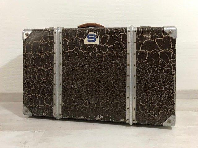 Vintage metalen koffer donkerbruin met craquelures, 60 tot 70 cm, Gebruikt, Ophalen of Verzenden, Metaal