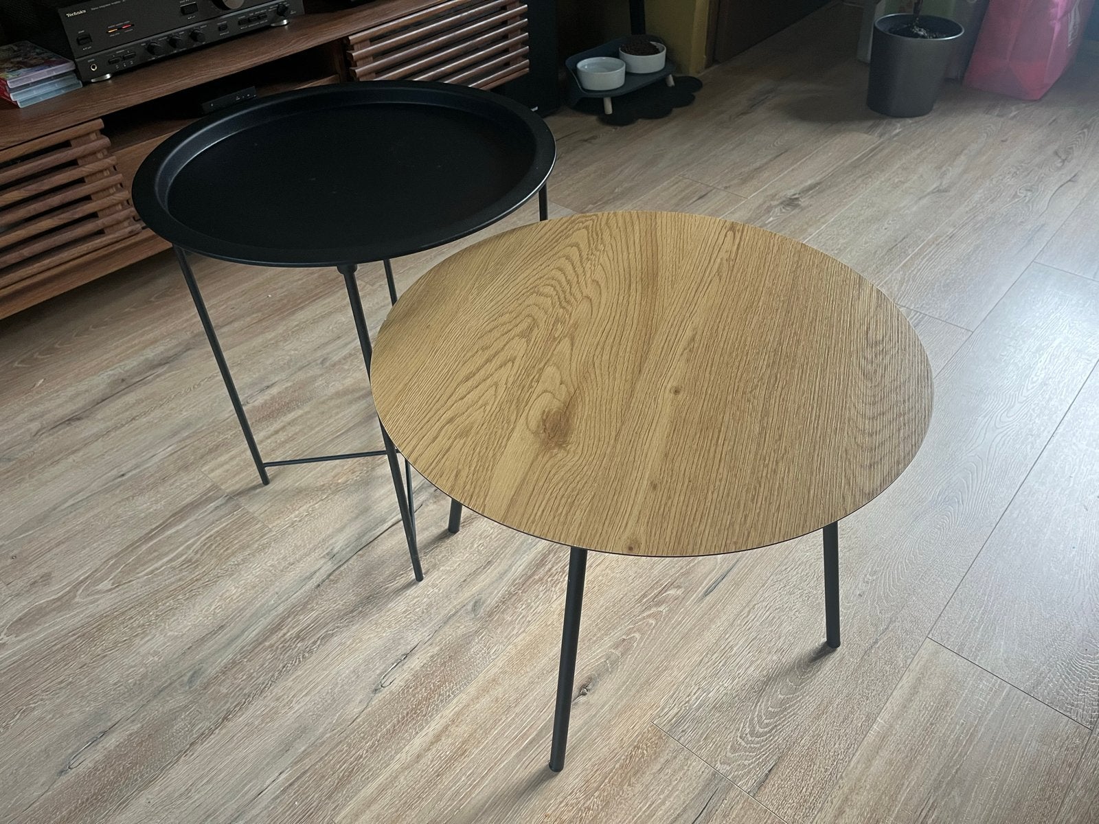 Set van 2 bijzettafels: Zwart metaal & Hout, Minder dan 55 cm, Gebruikt, Rond, Hout