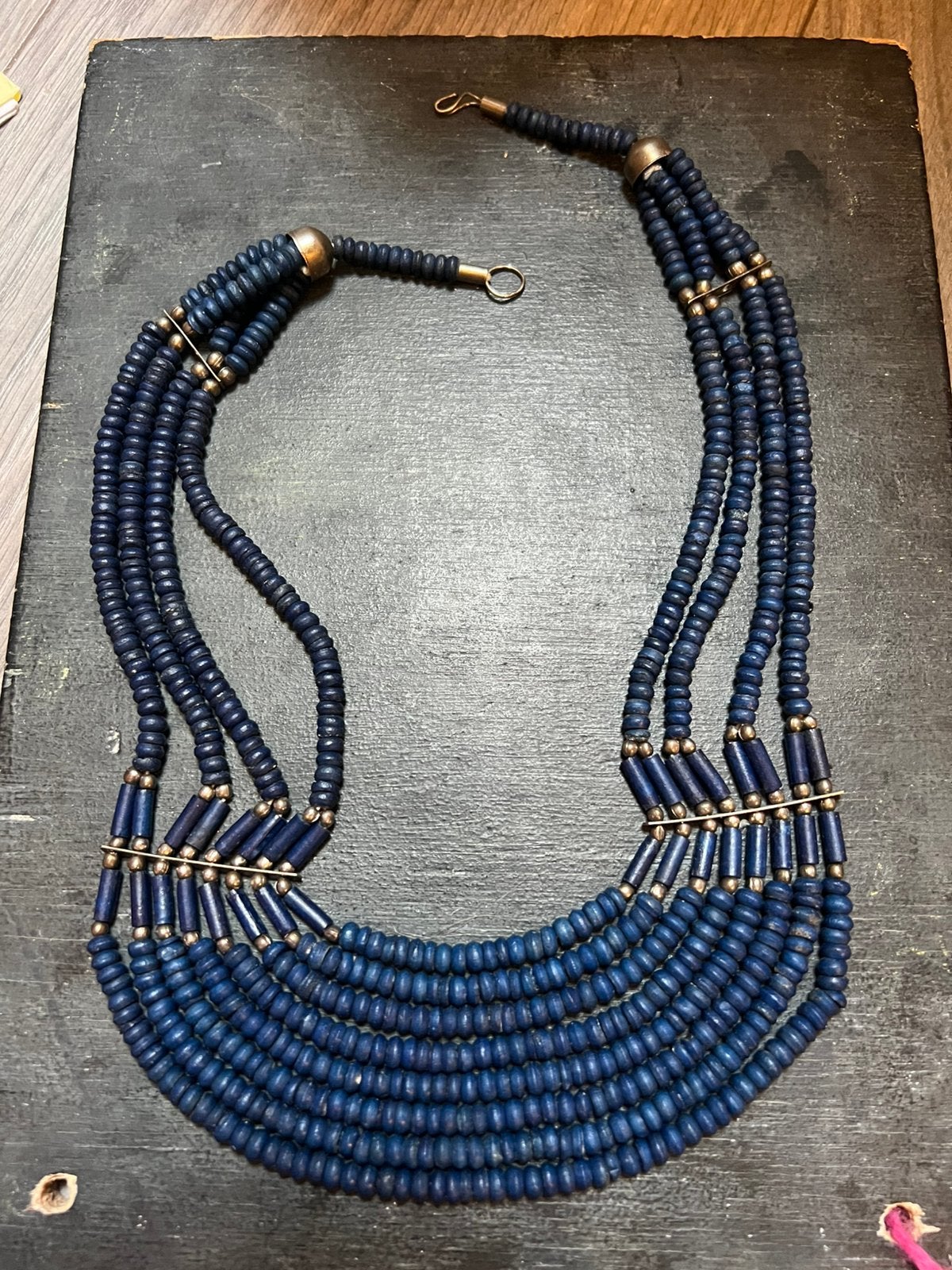 Retro vintage blauwe etnische goudkleur ketting collier boho, Blauw, Ophalen of Verzenden, Zo goed als nieuw, Overige materialen
