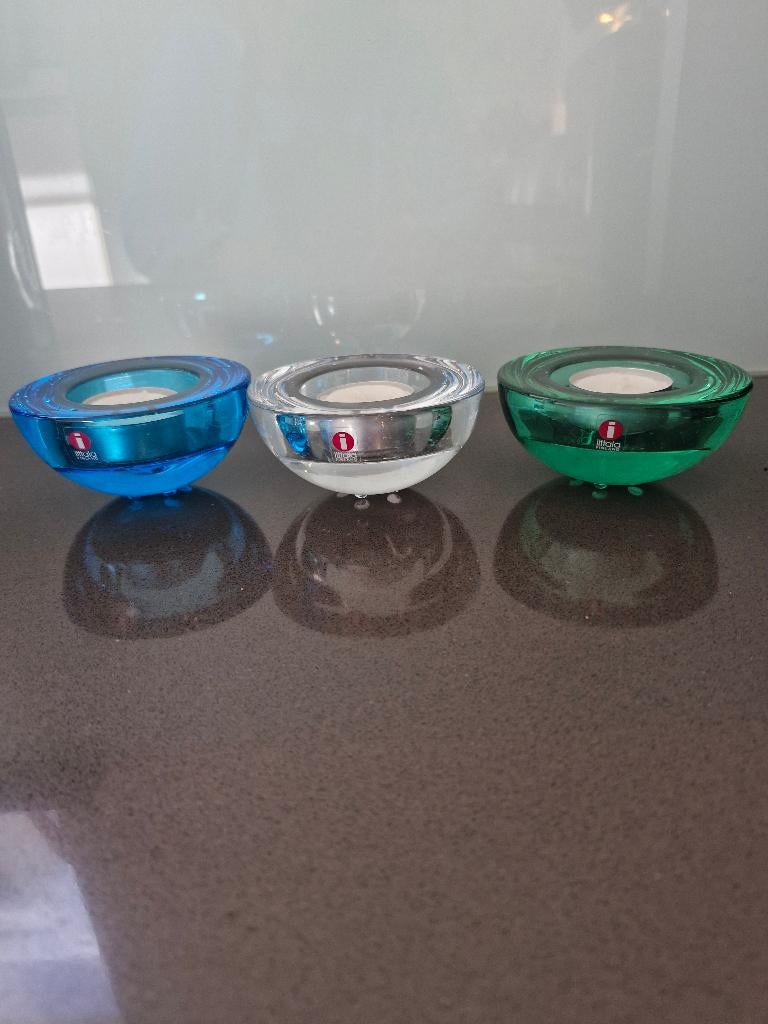 3 Iittala waxinelichtjes groen/blauw/helder glas, Meerkleurig, Ophalen of Verzenden, Zo goed als nieuw, Scandinavisch