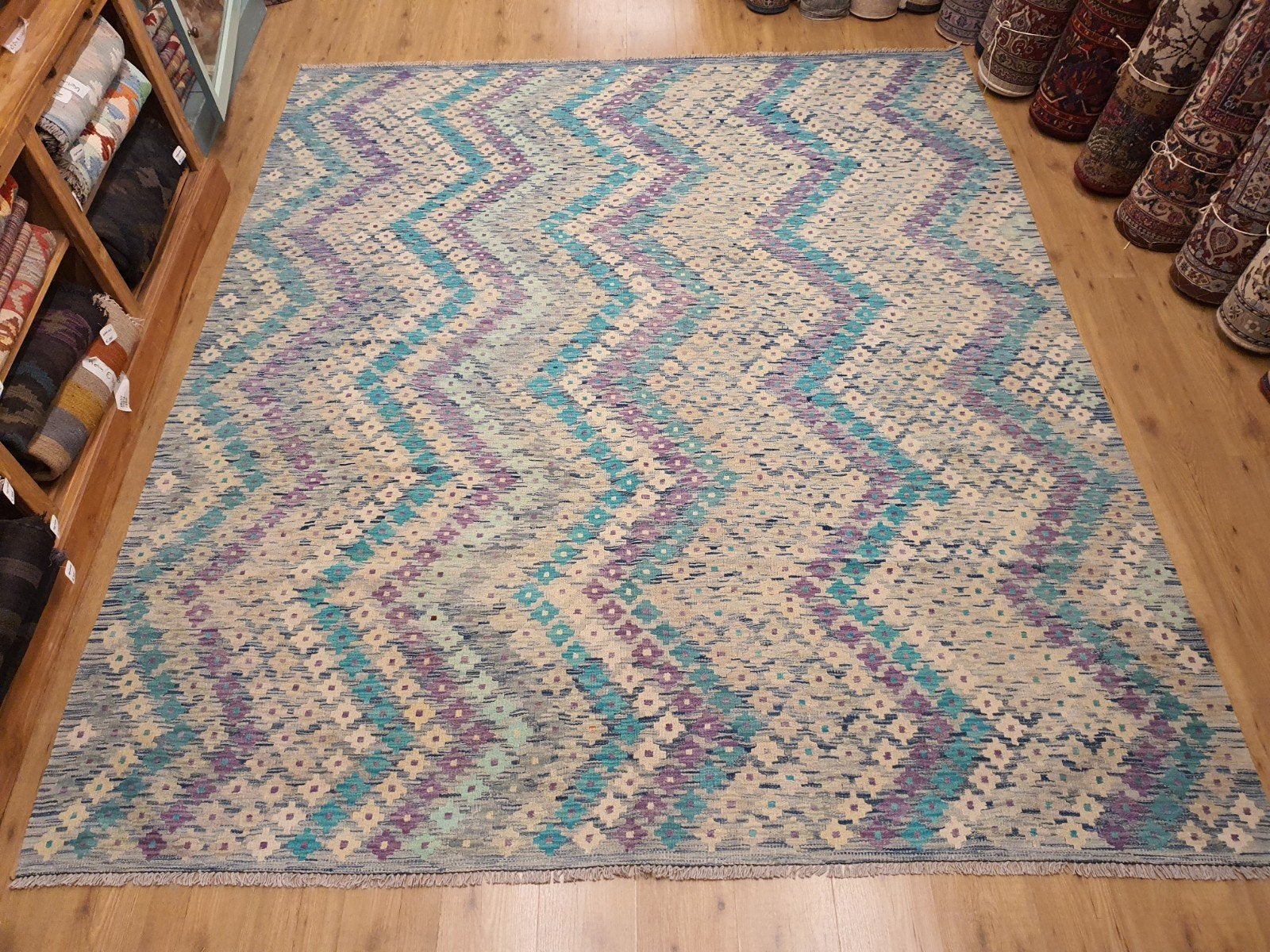Prachtige handgeweven oosterse kelim 300x257, Groen, Vof Slats Antiek, Rechthoekig, Ophalen