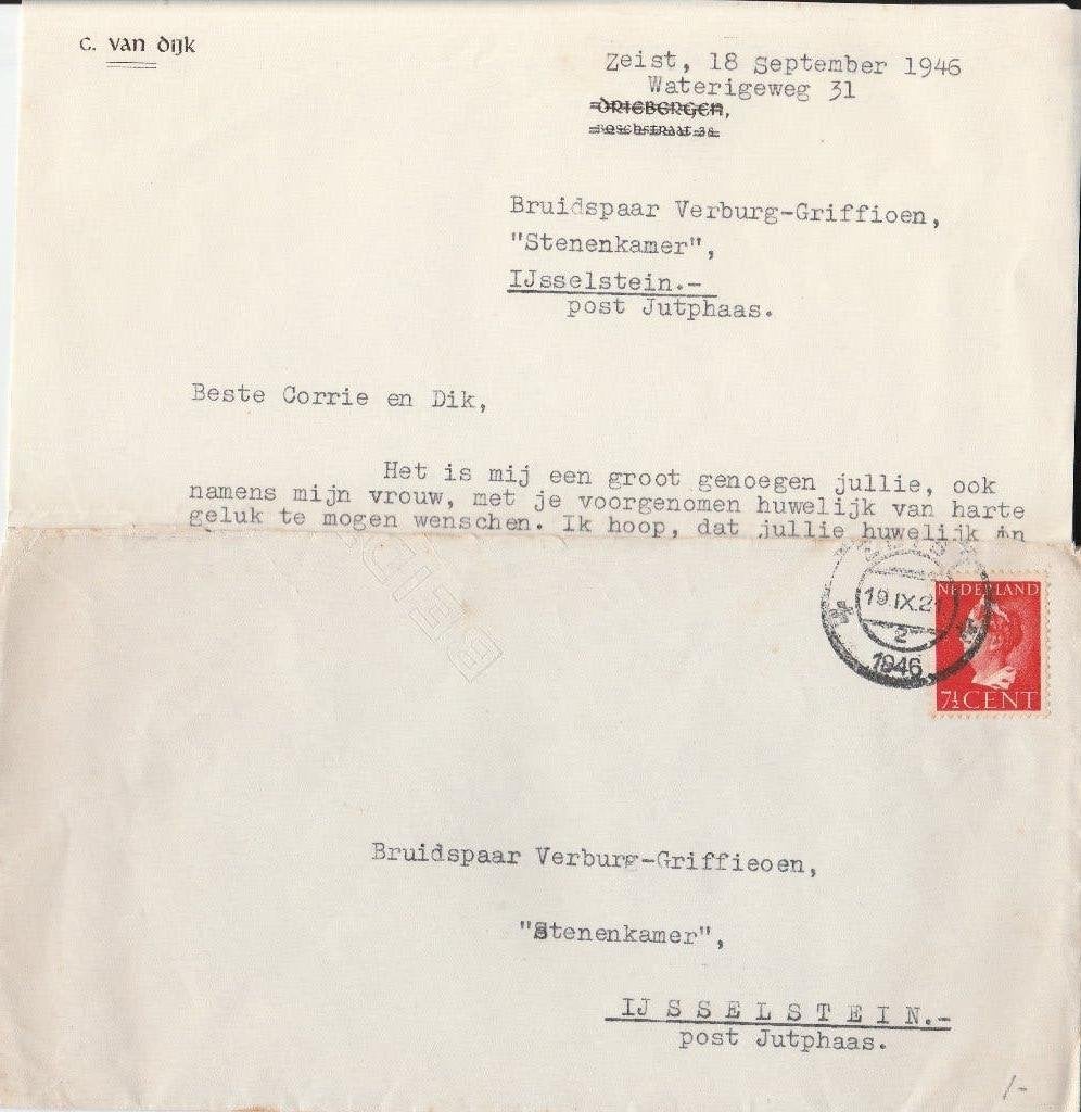 ZEIST 1946 naar IJsselstein afz Waterigewg 31 envelop inhoud, Ophalen of Verzenden, 1940 tot 1960, Gelopen, Utrecht