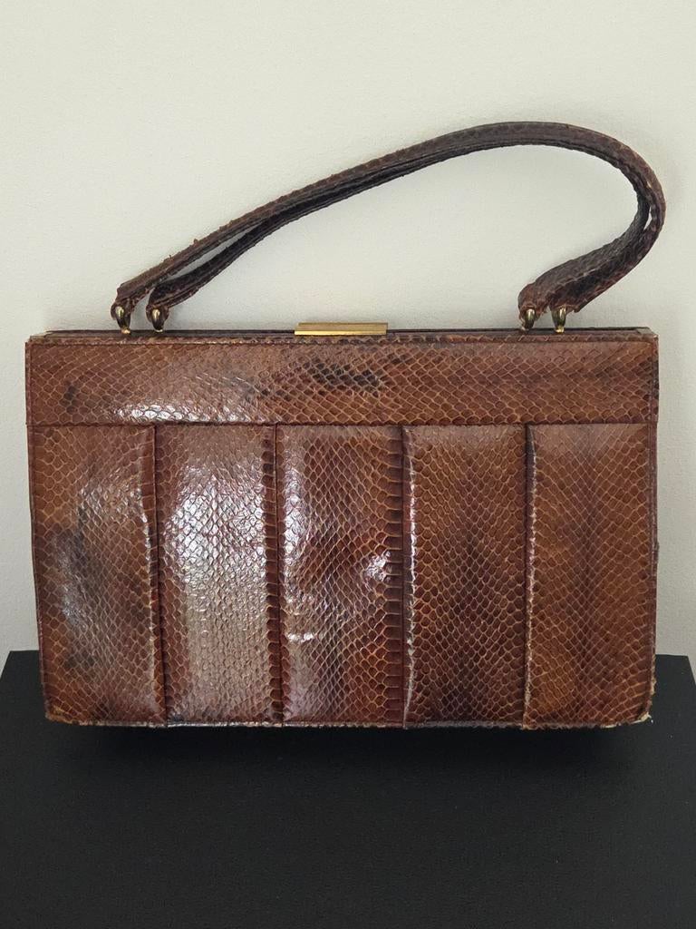 Vintage handtas slangenleer bruin, Sieraden, Tassen en Uiterlijk, Tassen | Damestassen, Ophalen of Verzenden, Bruin, Handtas