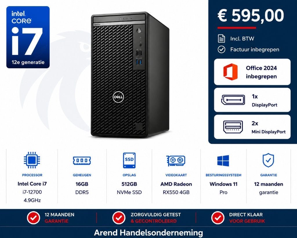 Dell Optiplex 7000 i7-12700 4.9GHz 16GB DDR5 512GB RX550 4GB, Computers en Software, Desktop Pc's, Gebruikt, 4 Ghz of meer, SSD