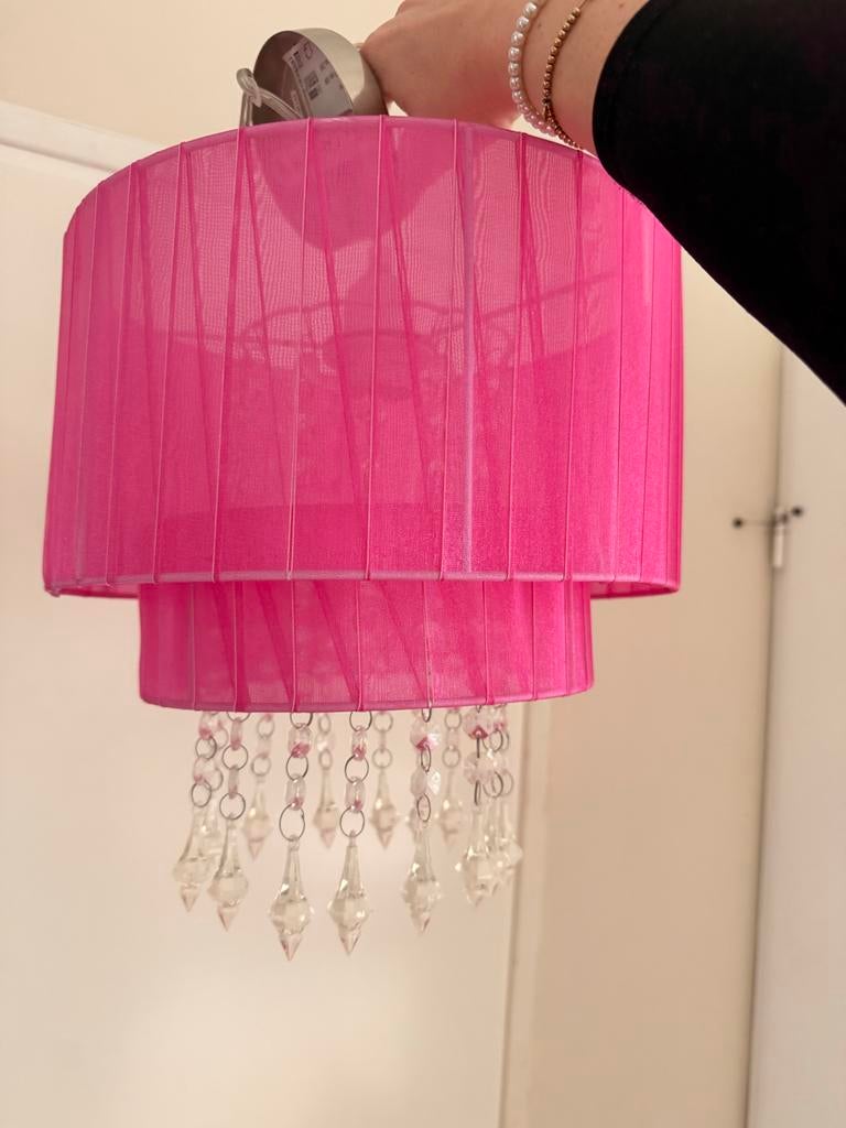 Roze lamp met kristallen voor meidenkamer, Ophalen of Verzenden, Zo goed als nieuw, Stof, Minder dan 50 cm