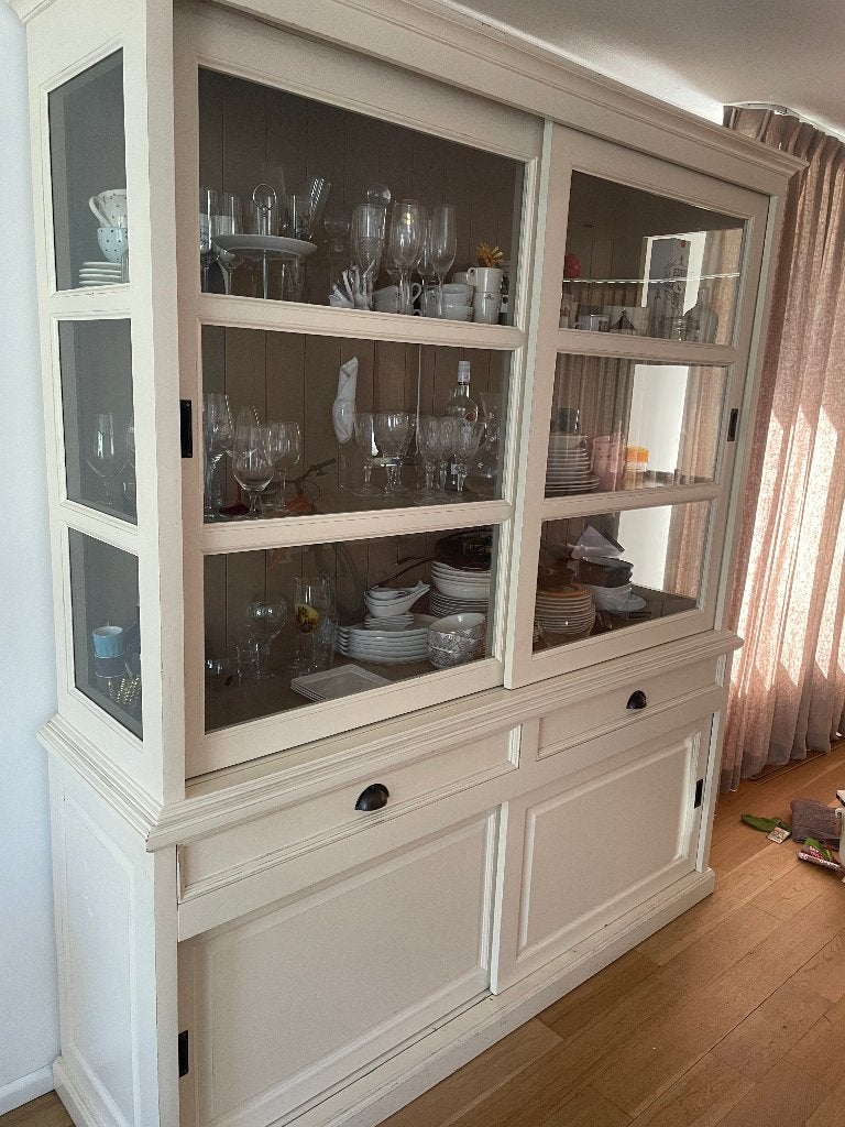 vitrinekast servieskast roomwit landelijke brocante, Ophalen, Met plank(en), Gebruikt, 200 cm of meer