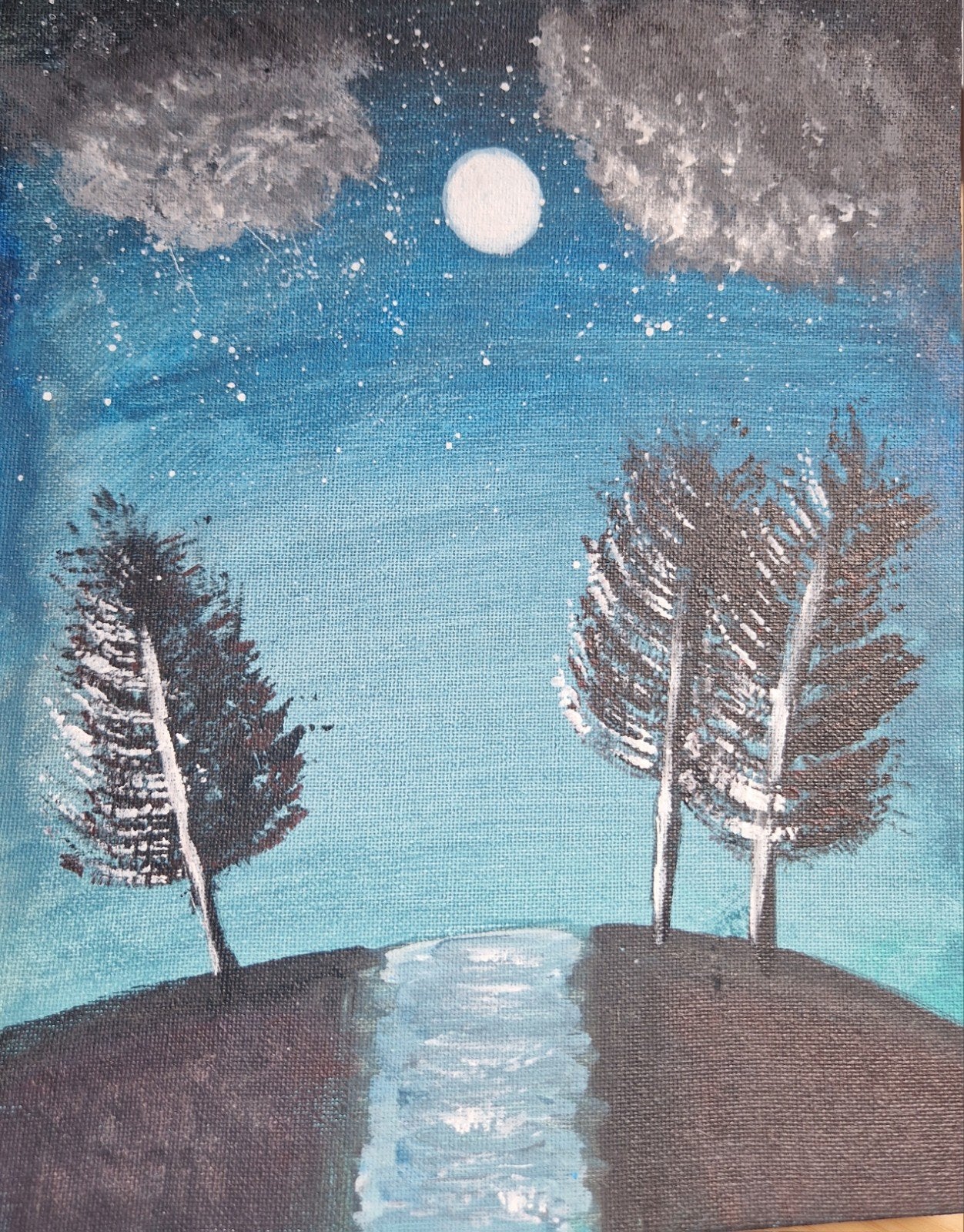 Nachtlandschap met maan en bomen - Acryl op canvas, Antiek en Kunst, Ophalen of Verzenden