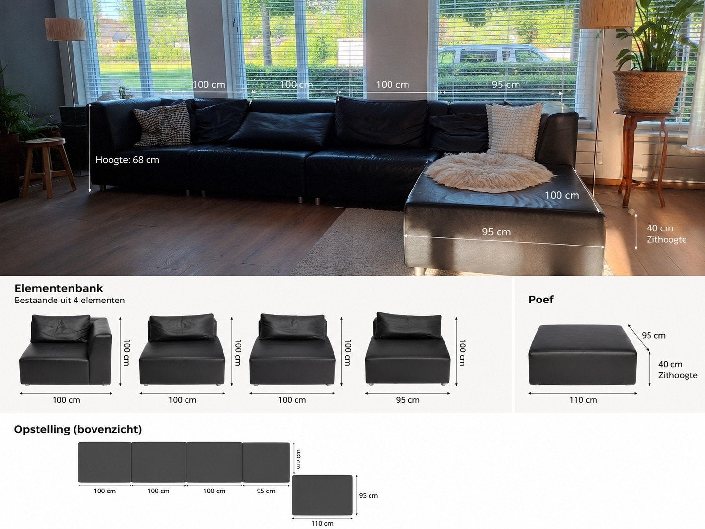 Modulaire Elementenbank met Poef - Zwart Leer, Huis en Inrichting, Banken | Bankstellen, Gebruikt, 100 tot 125 cm, Hoekbank, 300 cm of meer