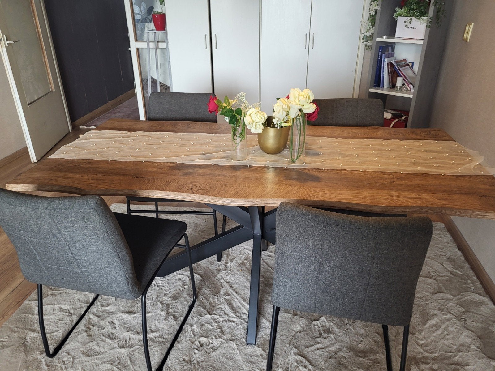 Set van 4 moderne eetkamerstoelen - Grijs stof, Ophalen, Minder dan 50 cm, Minder dan 50 cm, Zo goed als nieuw