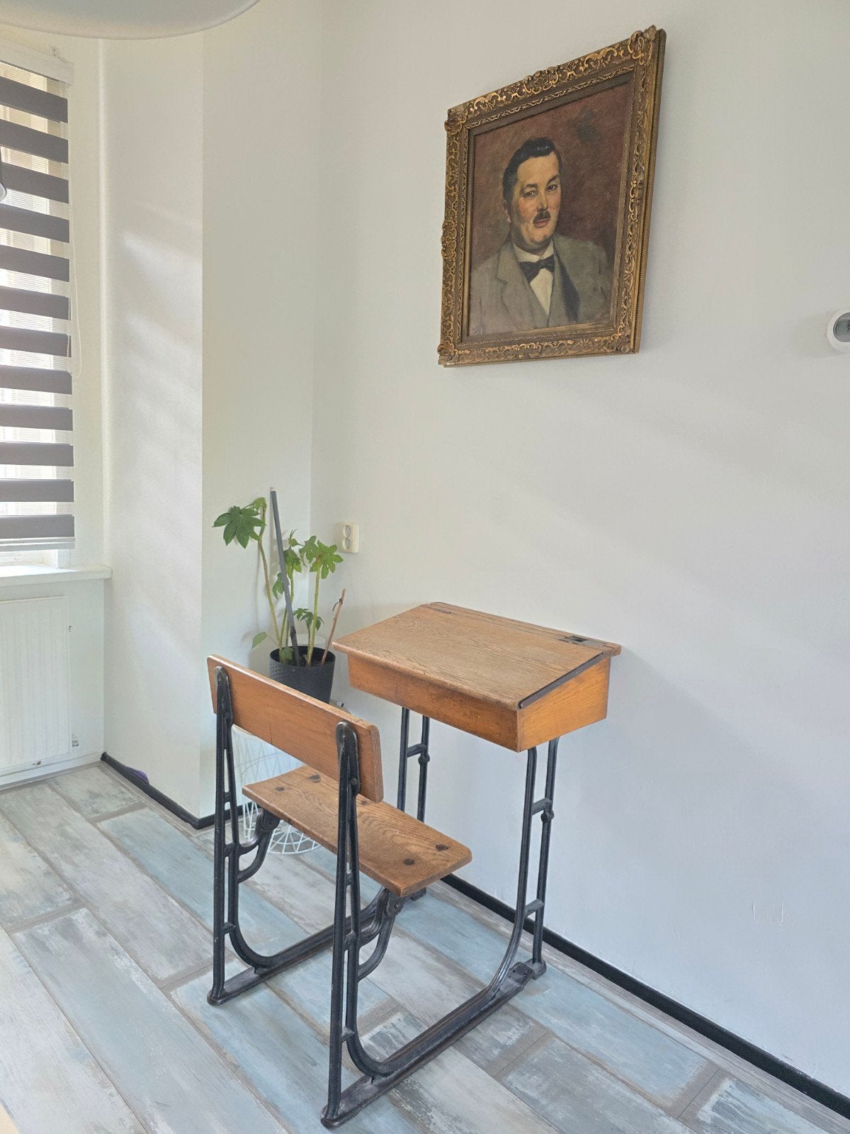 Vintage schoolbankje met stoel - Eikenhout en gietijzer, Ophalen
