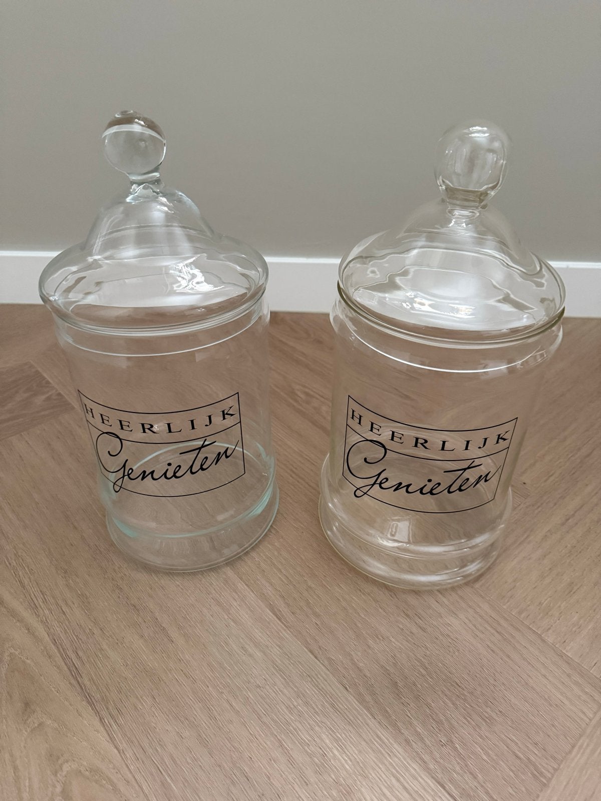 Glazen potten 'Heerlijk Genieten' - Set van 2, Ophalen, Zo goed als nieuw, Glas, Modern