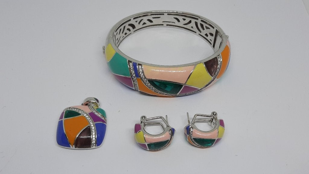 Kleurlijke Emaille 925 Silver Sieraden Set, Sieraden, Tassen en Uiterlijk, Armbanden, Ophalen of Verzenden, Gebruikt, Zilver, Zilver