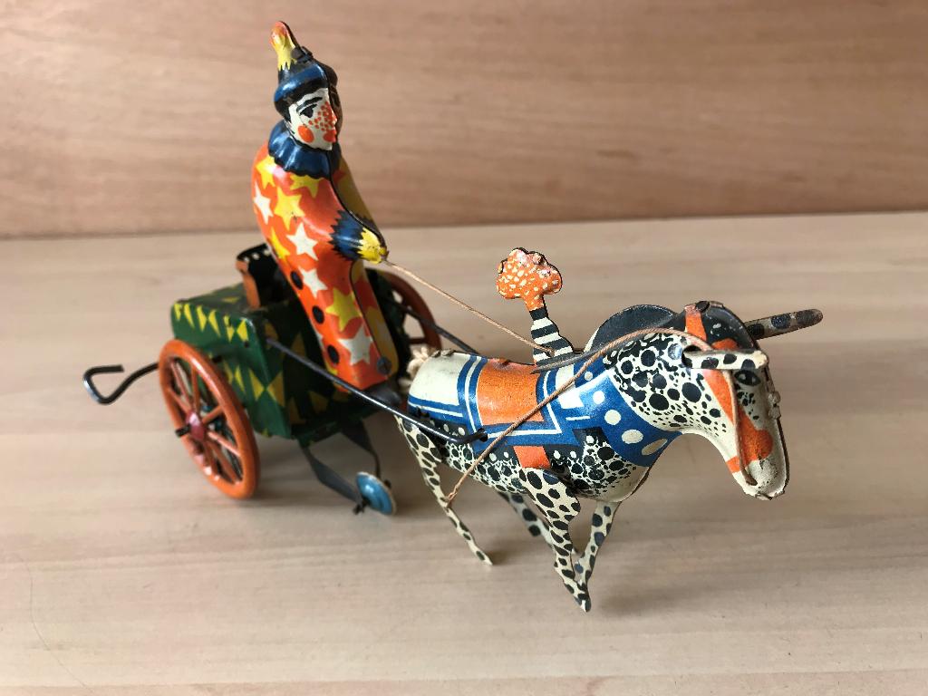Vintage Opwind Circus Clown Kar met Ezel Blik 1960, Ophalen of Verzenden, Gebruikt