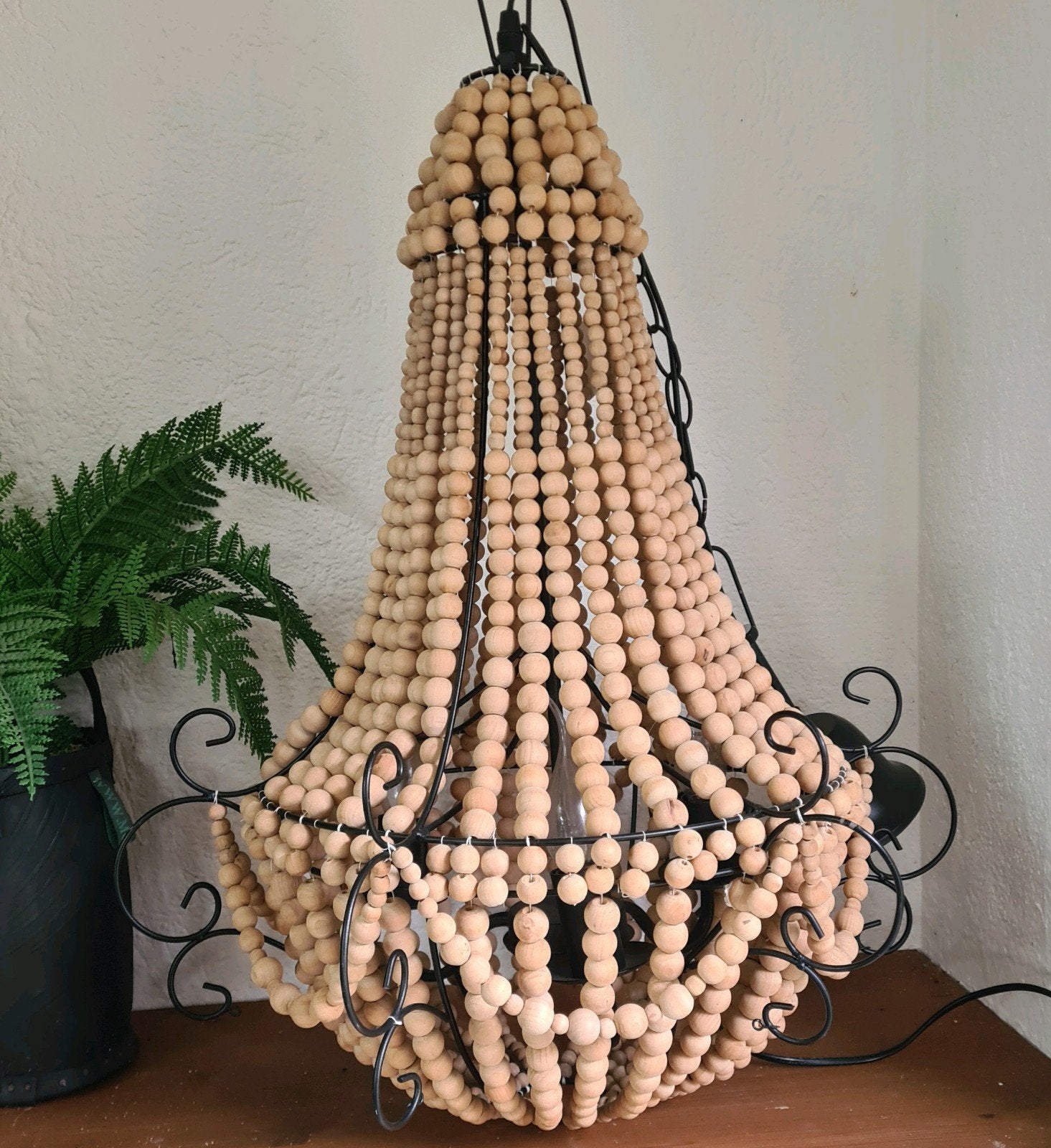 XL houten kroonluchter 65cm hanglamp naturel kralen, Huis en Inrichting, Lampen | Kroonluchters, Ophalen, Zo goed als nieuw, Hout