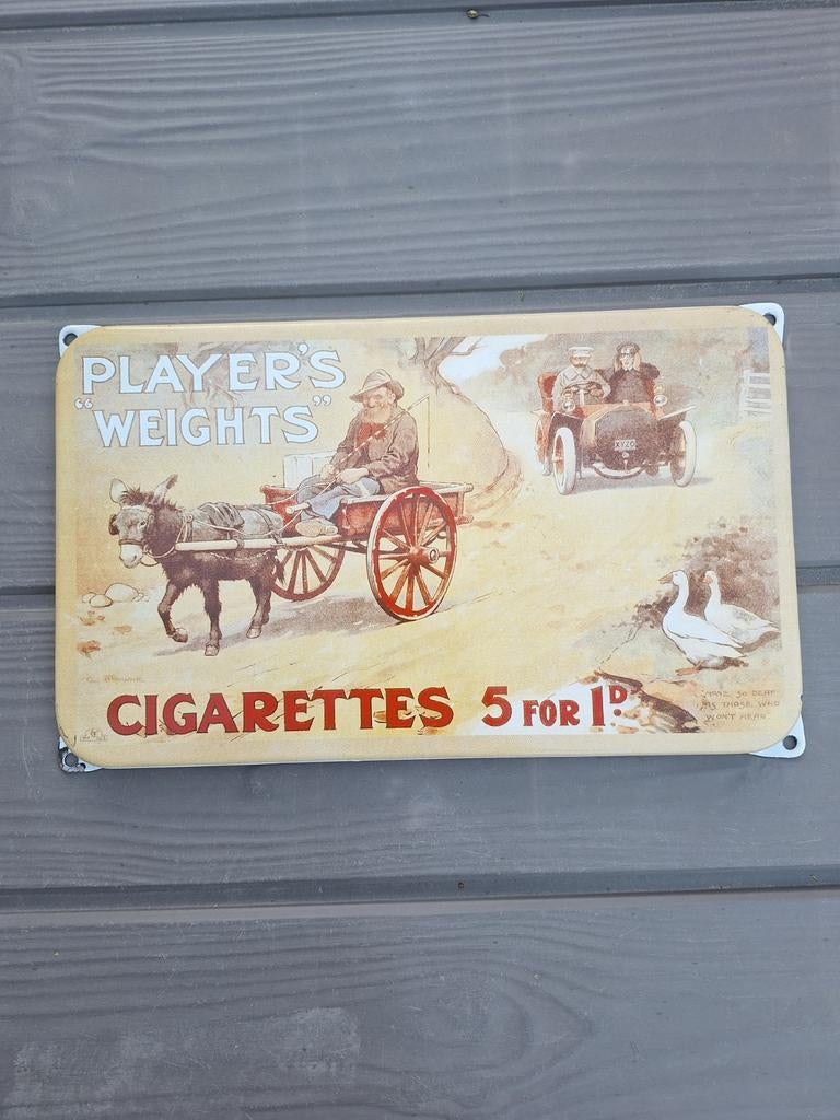 Emaille bord Player's Weights Cigarettes 20x33 cm, Ophalen of Verzenden