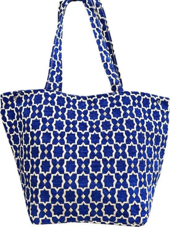 Handgemaakte Fluwelen XL Shopper met Gouden Accenten -Blauw, Ophalen of Verzenden, Nieuw, Blauw, Shopper