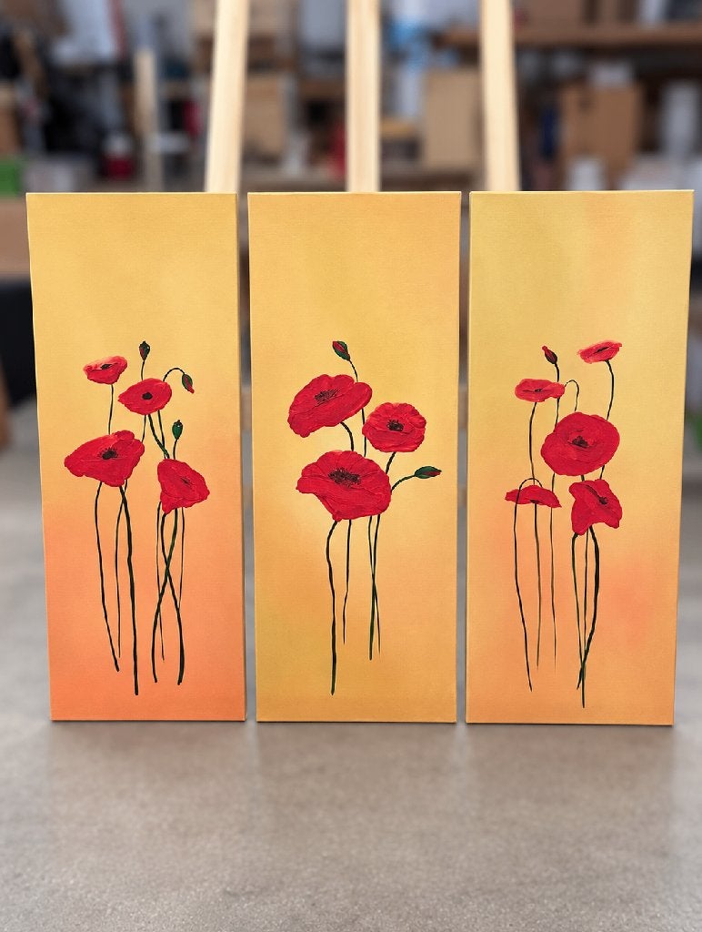 Rode klaprozen – handgeschilderd schilderij drieluik, Ophalen, Handgeschilderd, Acrylverf, Bloemen