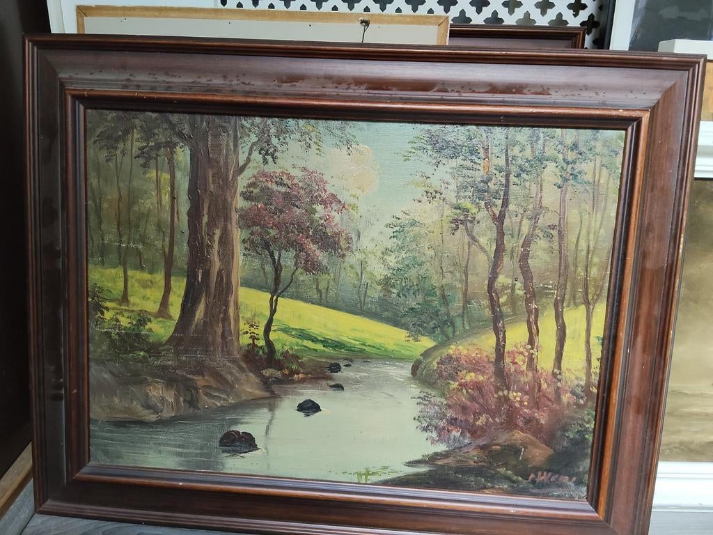 Schilderij: Boslandschap met rivier, Ophalen of Verzenden