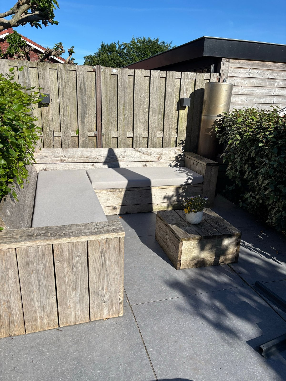 Steigerhouten loungeset met kussens en hocker, Ophalen, 4 zitplaatsen, Gebruikt, Steigerhout