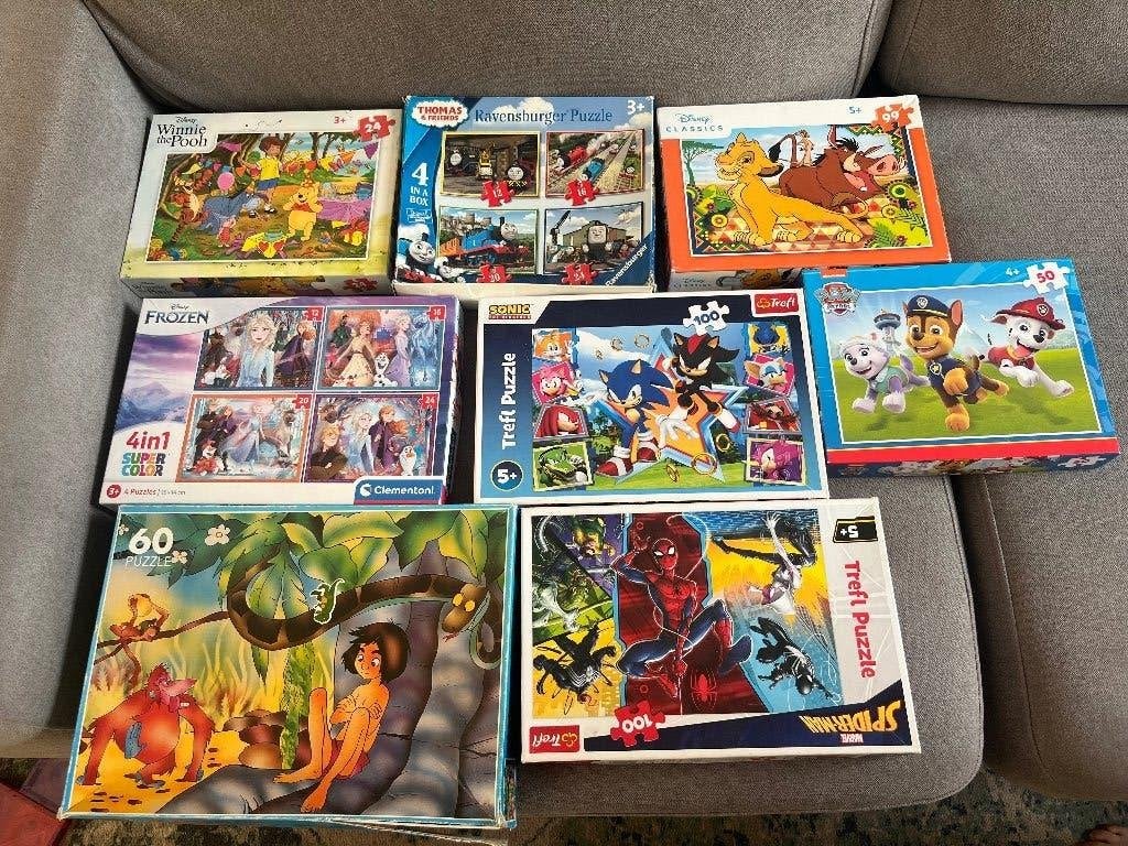Puzzels Disney, Sonic, Spider-Man, Paw Patrol, Ophalen of Verzenden, Meer dan 50 stukjes, Zo goed als nieuw, 4 tot 6 jaar