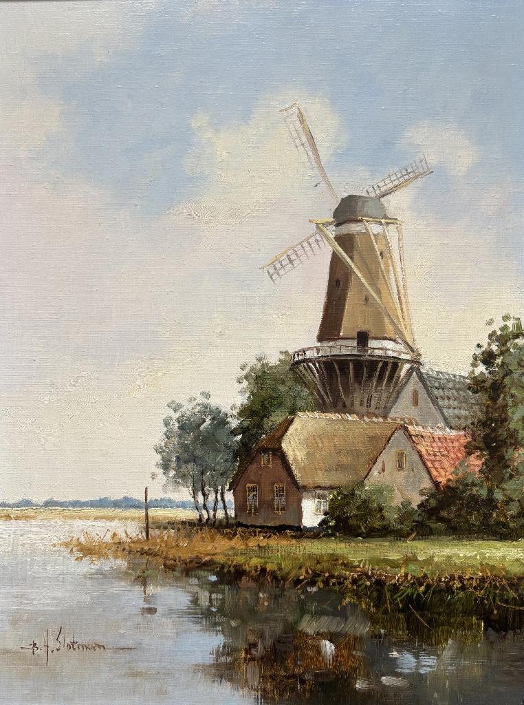 Jack van der Put Slotman (1939)-Molen aan water, Antiek en Kunst, Kunst | Schilderijen | Klassiek, Ophalen of Verzenden