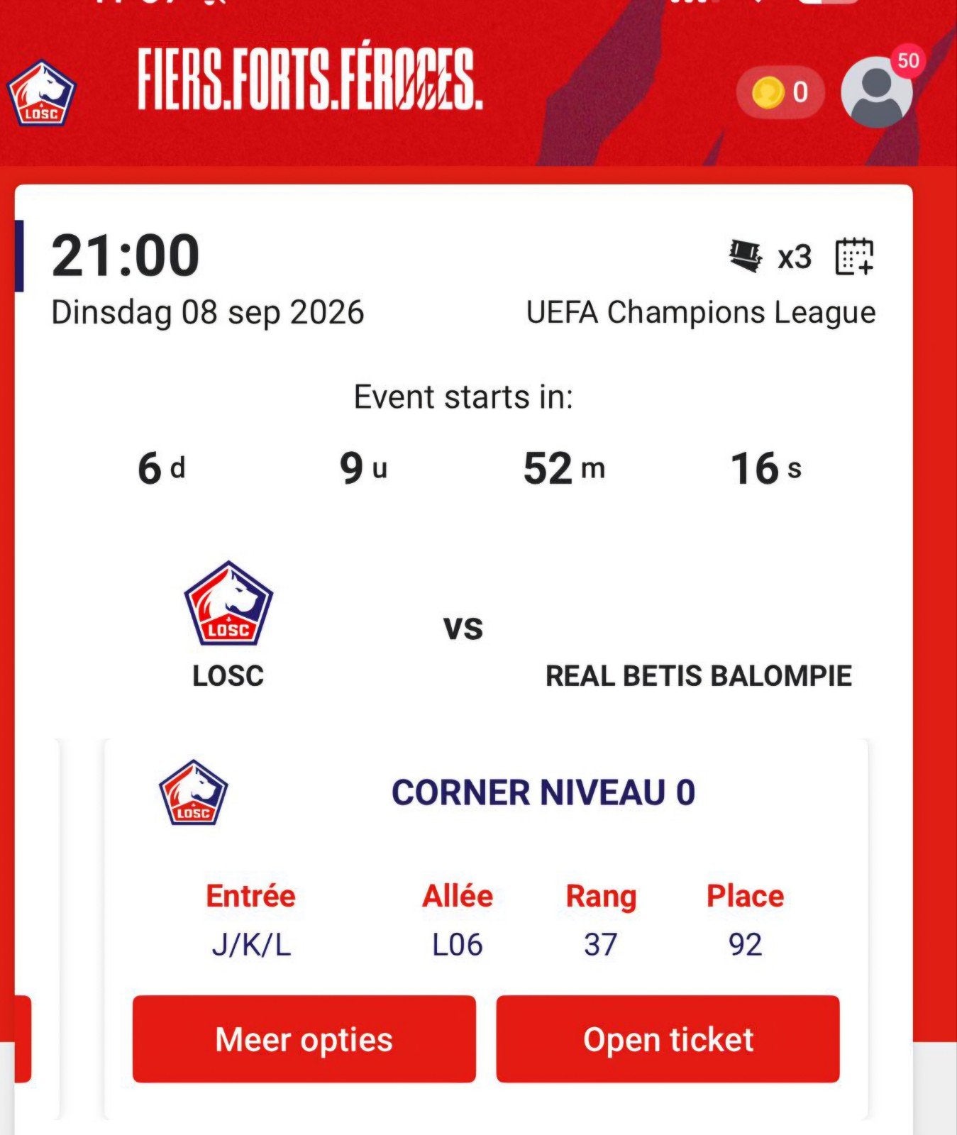 Lille - Real Betis Voetbal Tickets !! 3 stuks !!, Tickets en Kaartjes, Sport | Voetbal, Losse kaart, Drie personen of meer, September