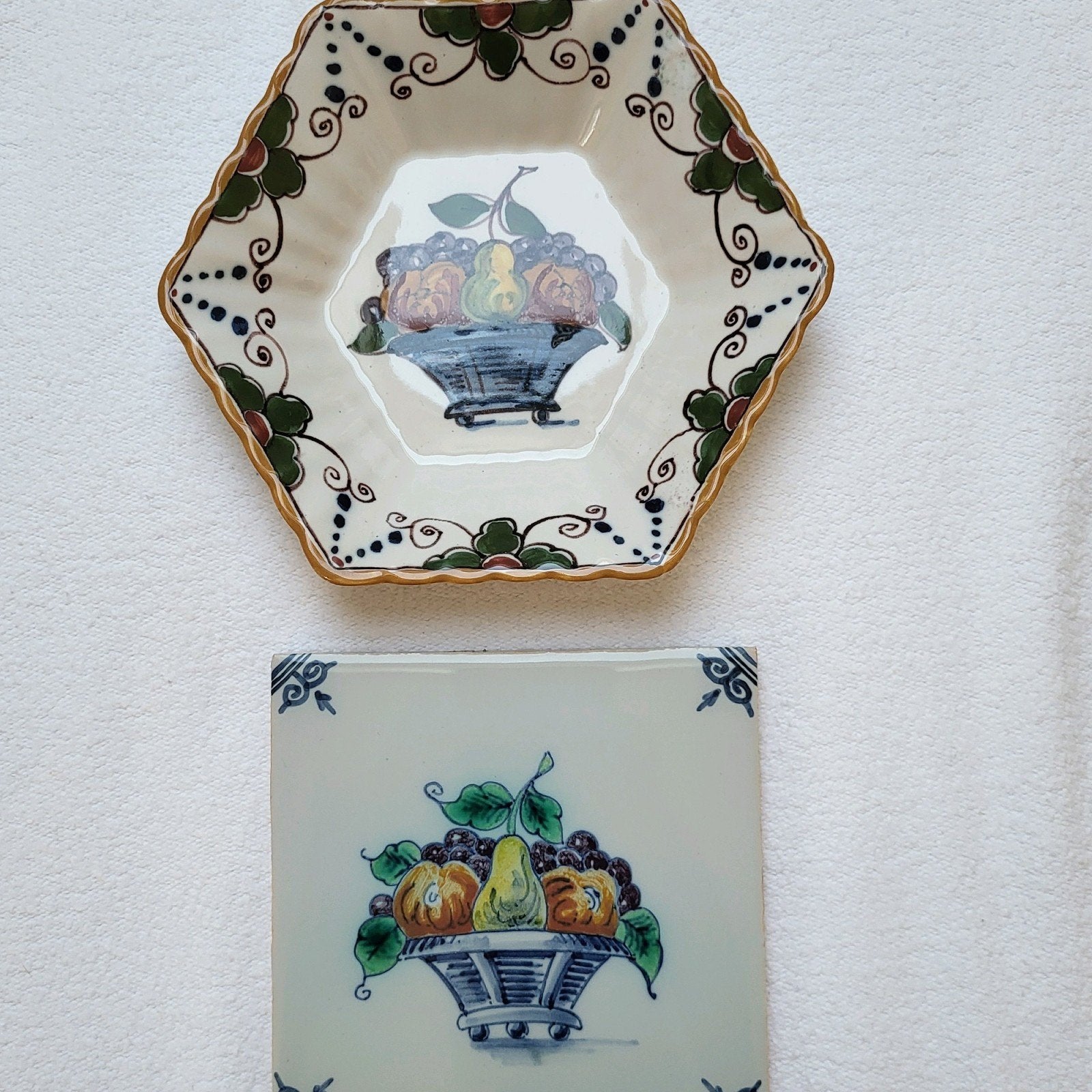 Makkum Tichelaar Set – Schaaltje & Tegel met Fruitmand, Ophalen of Verzenden
