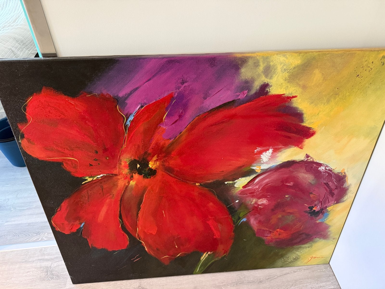 Levendig Rood Bloem Schilderij - Modern Abstract Canvas, Ophalen, Met textuur, Olieverf, Bloemen
