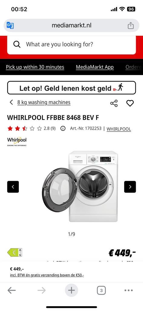 Whirlpool FFBBE 8468 BEV F Wasmachine 8kg, 1200 tot 1600 toeren, Gebruikt, 8 tot 10 kg, Ophalen of Verzenden