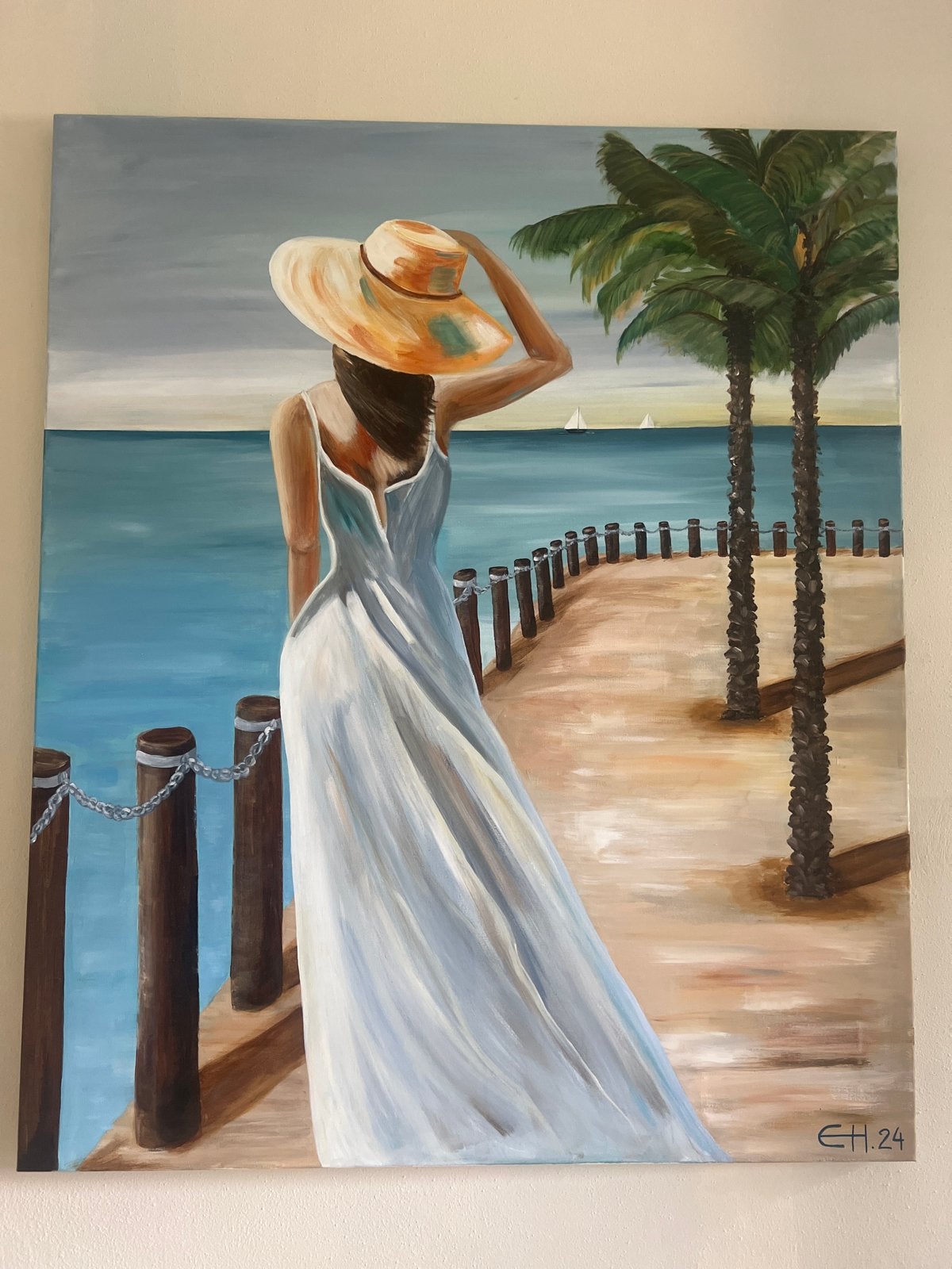 Schilderij Vrouw aan steiger 100x120 cm, Ophalen