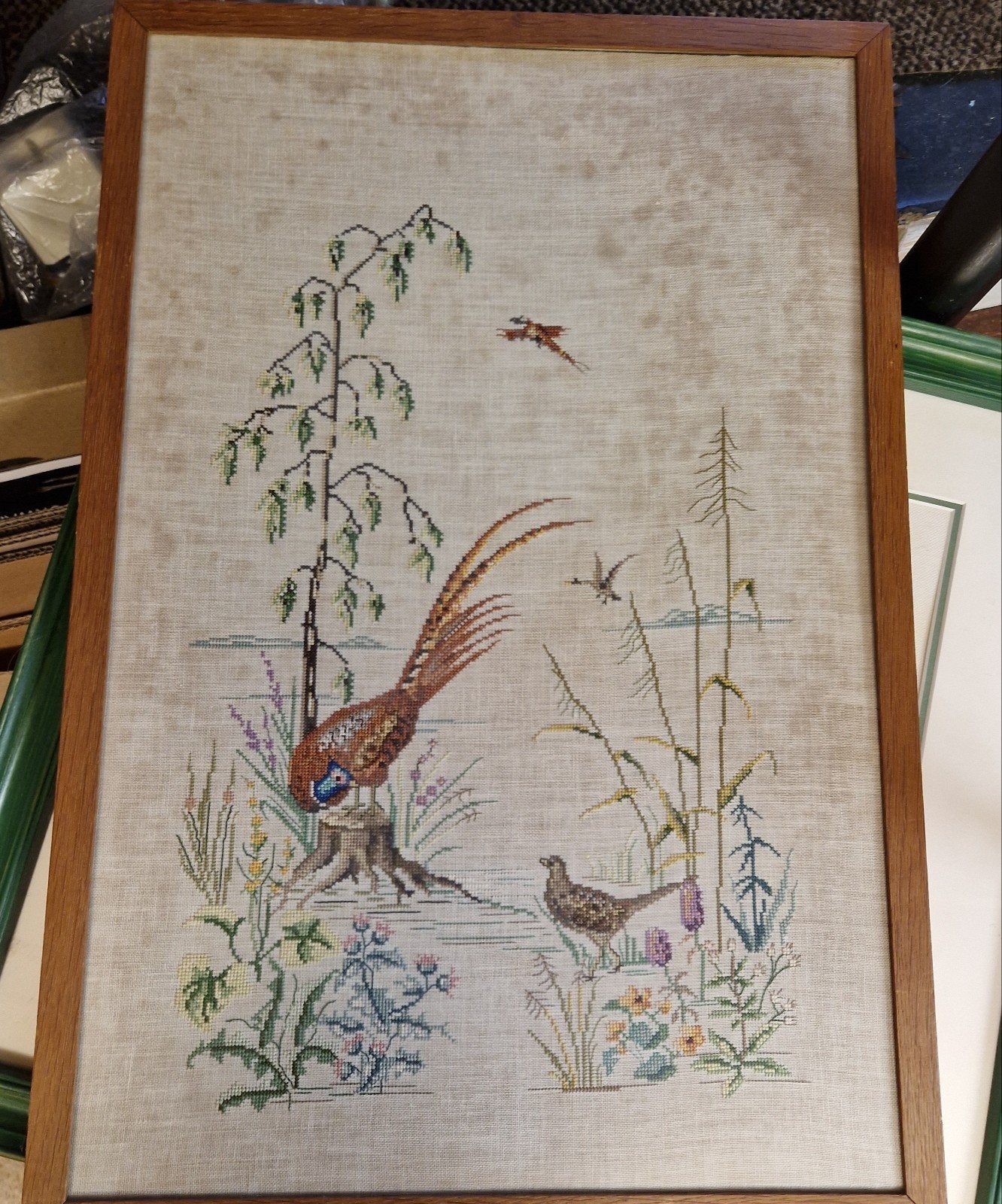 Met de hand geborduurd schilderij - Fazanten in de natuur, Ophalen, Gebruikt