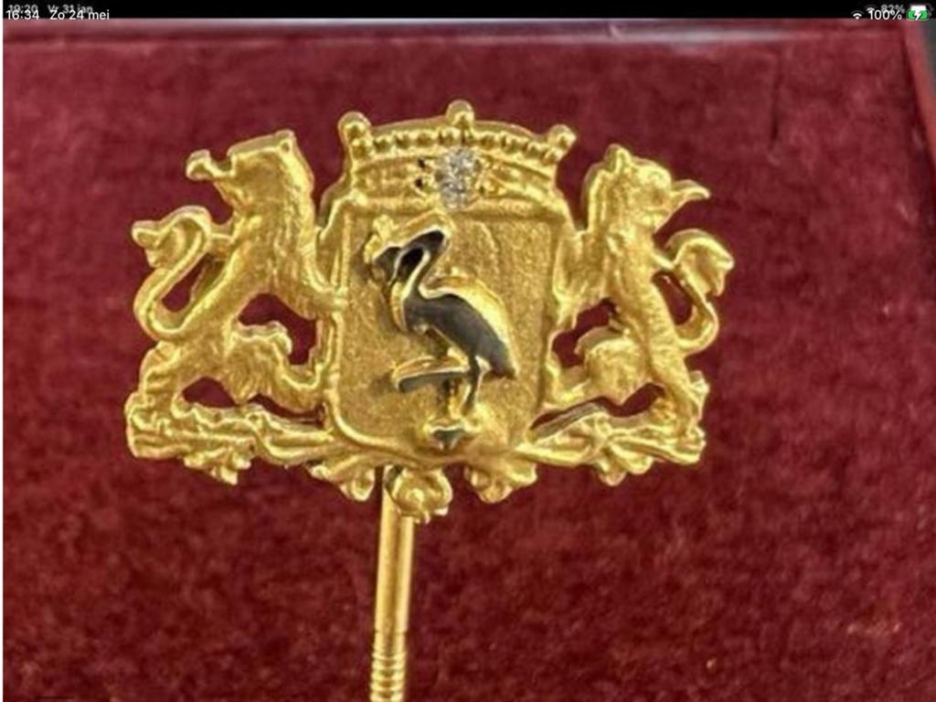Vintage gouden broche speld Den Haag wapen Diamant 14 k goud, Verzenden, Zo goed als nieuw, Stad of Land, Speldje of Pin