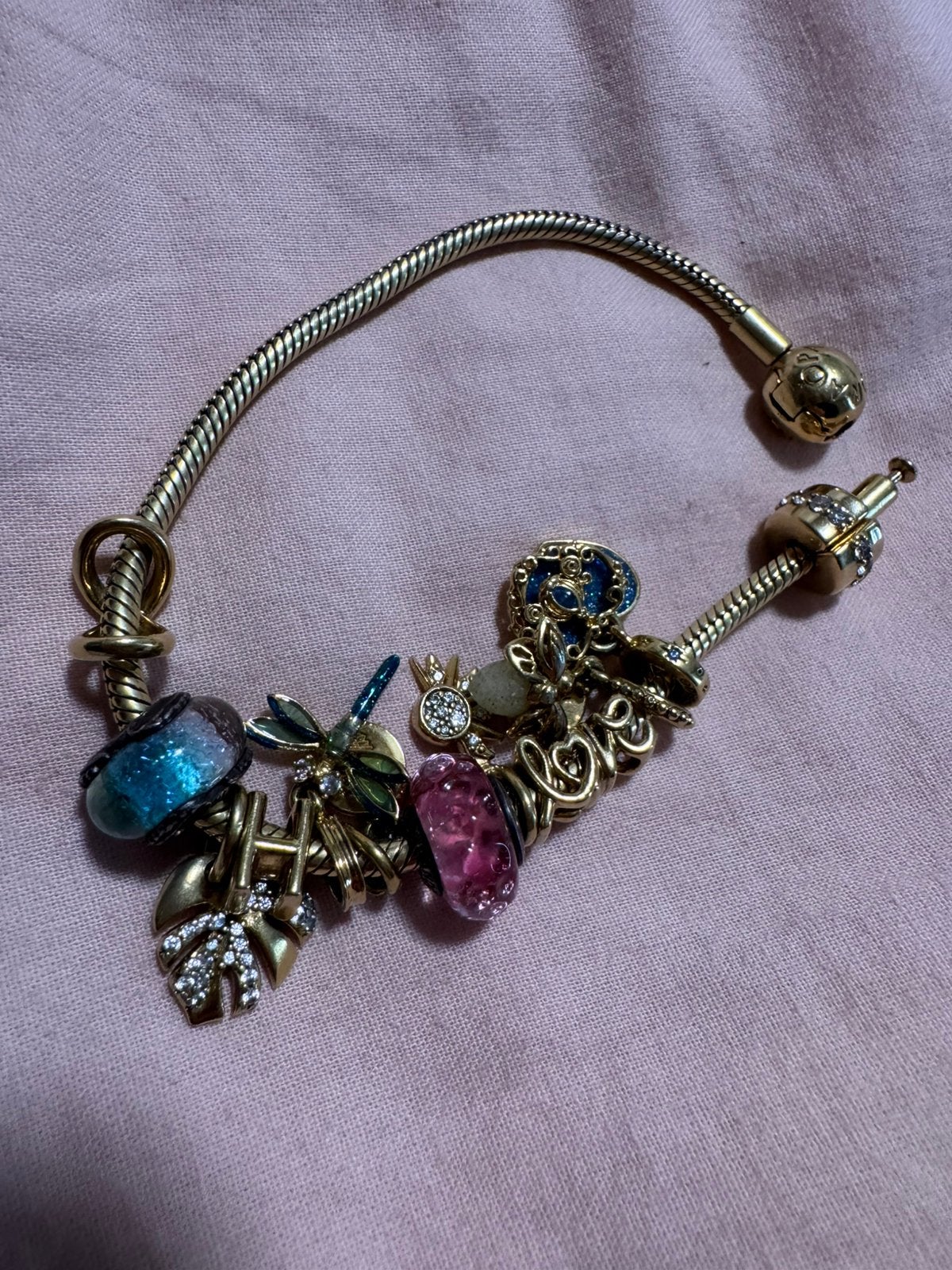 Goud Pandora armband met bedels, Verzenden, Zo goed als nieuw, Goud