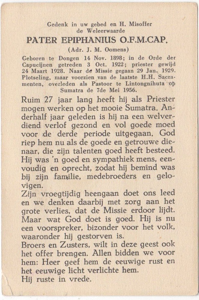 pater Adrianus Oomens 1898 Dongen + 1956 Sumatra, 57 jaar, Verzenden