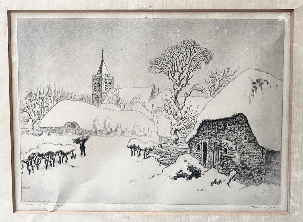 Tekening/ets van Toon de Jong, 31 cm, Stadsgezicht, Met tekst, Ophalen of Verzenden