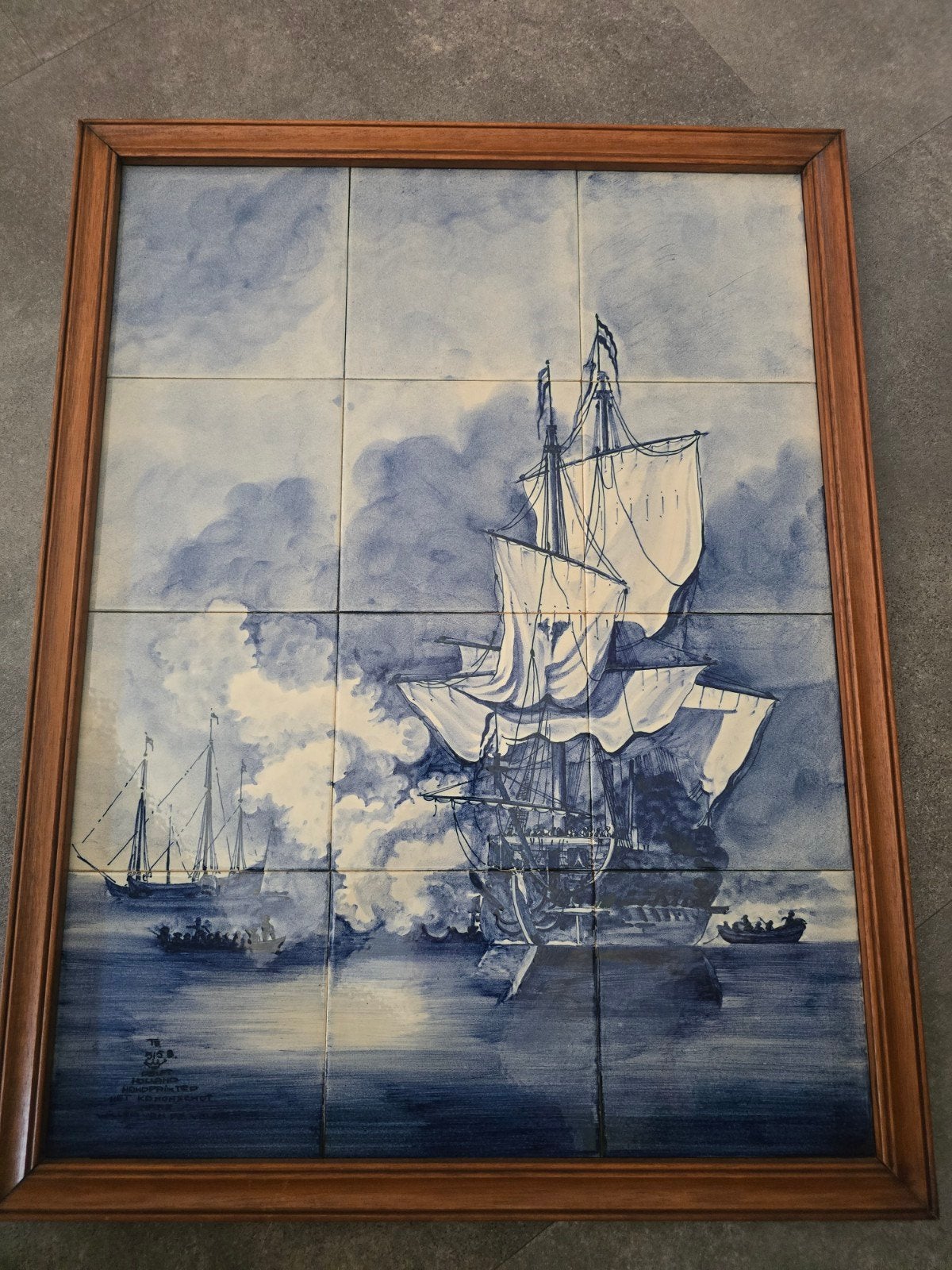 Delfts blauw tegeltableau met zeilschepen, 50x85 cm, Ophalen of Verzenden