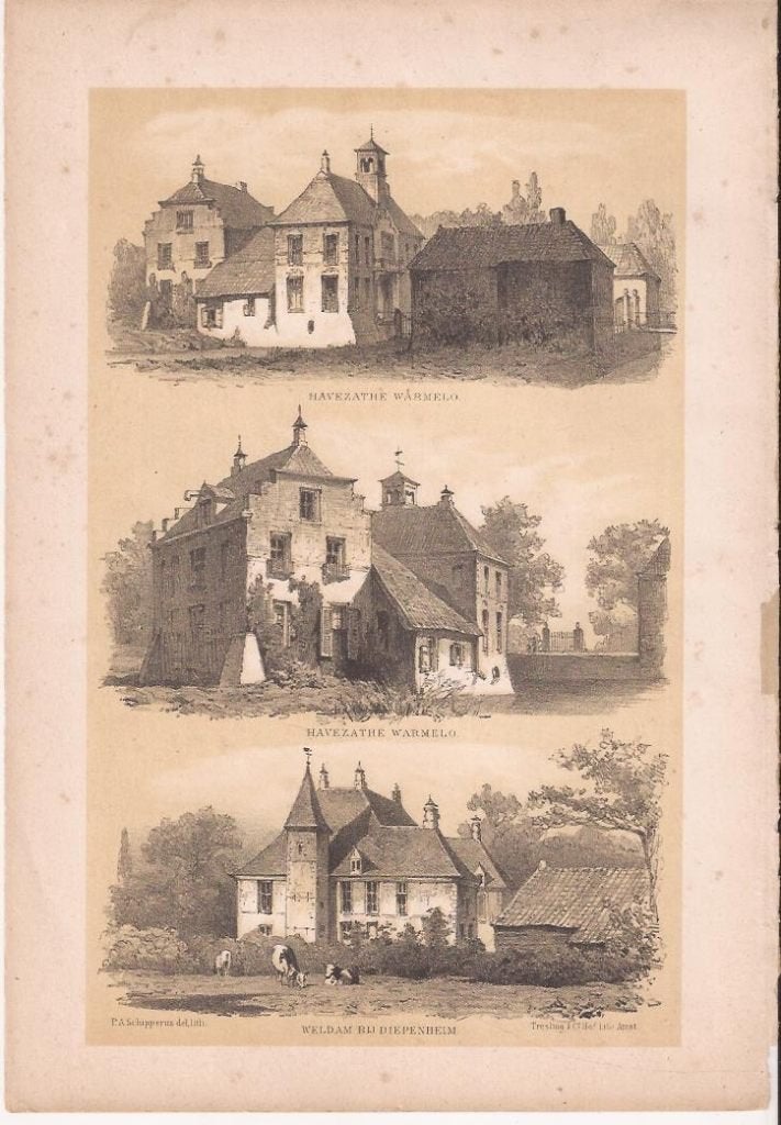 Havezathe Warmelo (2x) en Weldam bij Diepenheim Litho Ca1875, Origineel, Ophalen of Verzenden, 14 cm, Landschap