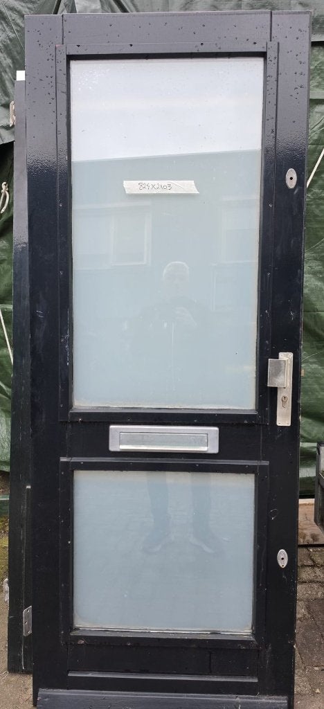zwarte hardhouten ingangsdeur deels melkglas HR+ brievenbus, Ophalen, Gebruikt, 80 tot 100 cm, Buitendeur