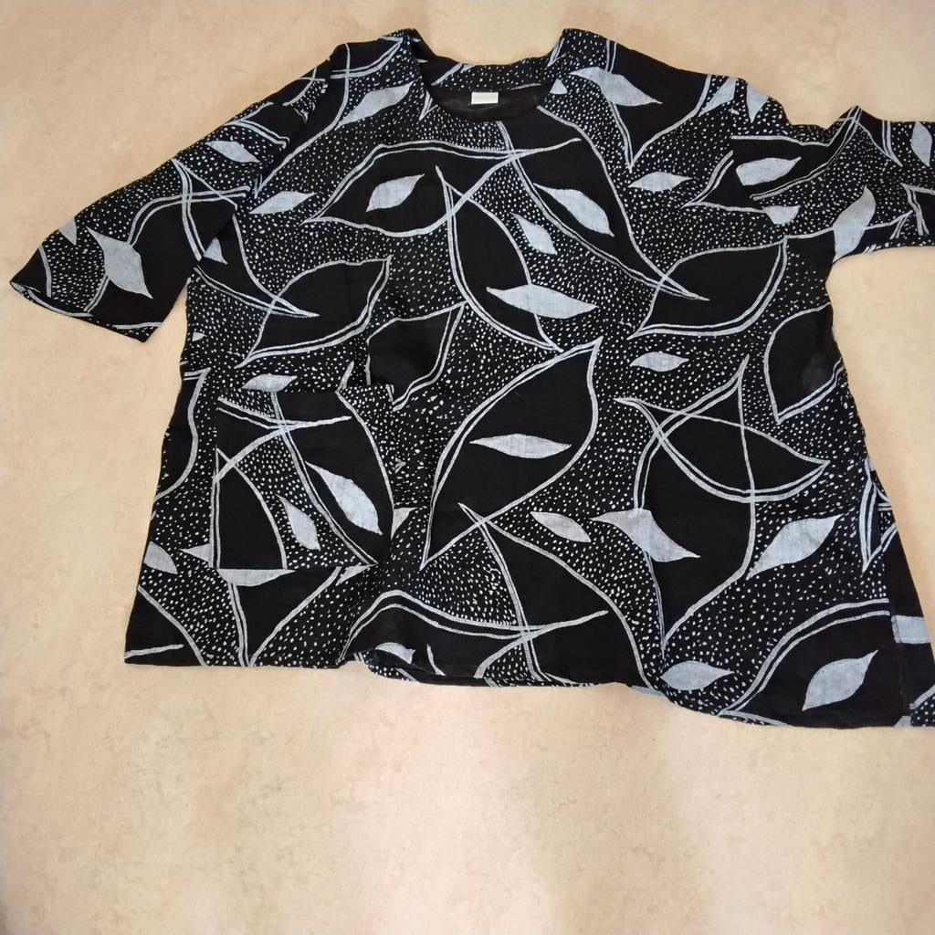 Aino - dames linnen tuniek zwart/wit L, Aino, Wit, Maat 46/48 (XL) of groter, Nieuw