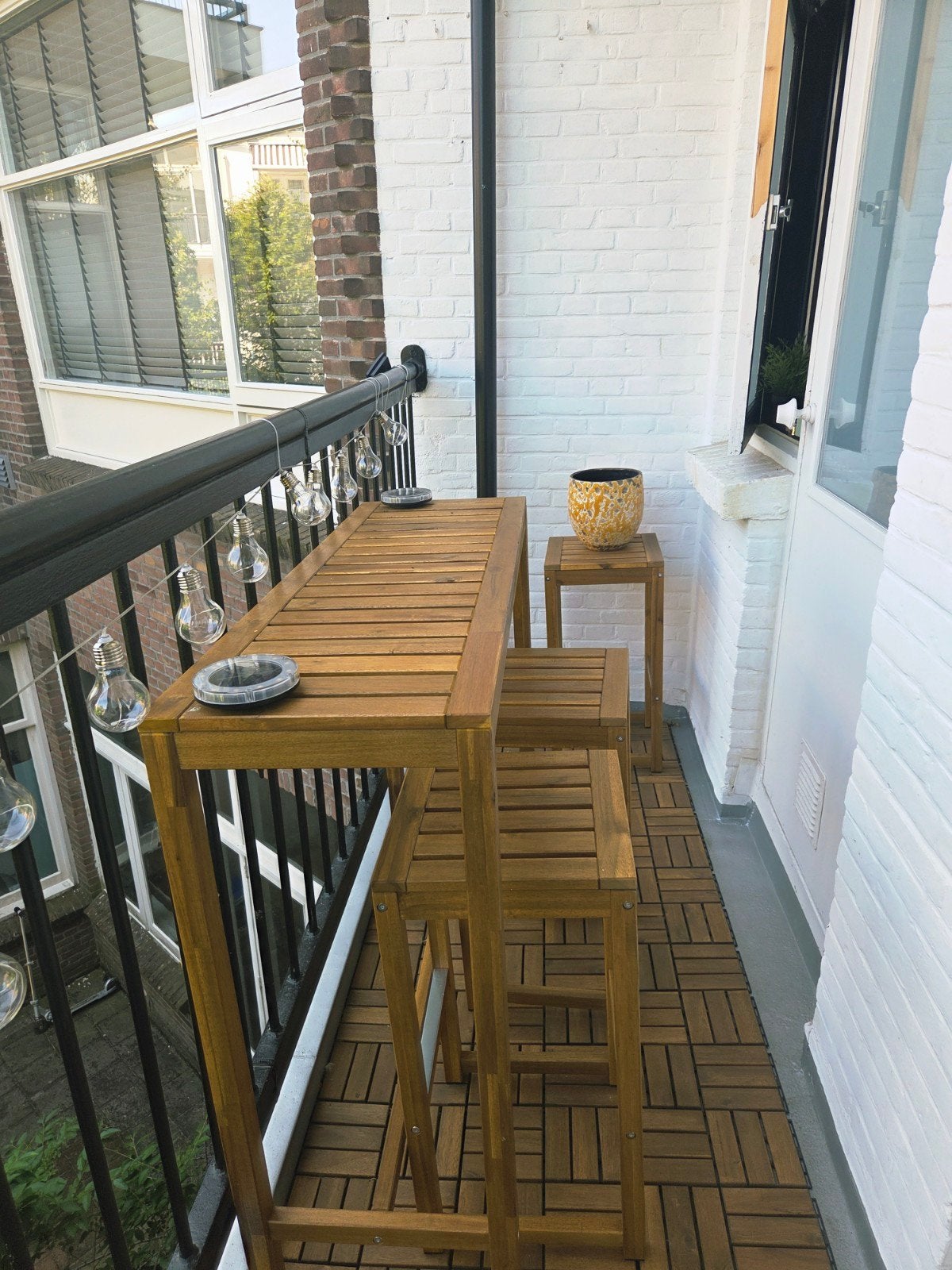 Ikea Nämmarö tuin bar set, tafel en 4 barkrukken, Ophalen, 4 zitplaatsen, Hardhout, Zo goed als nieuw