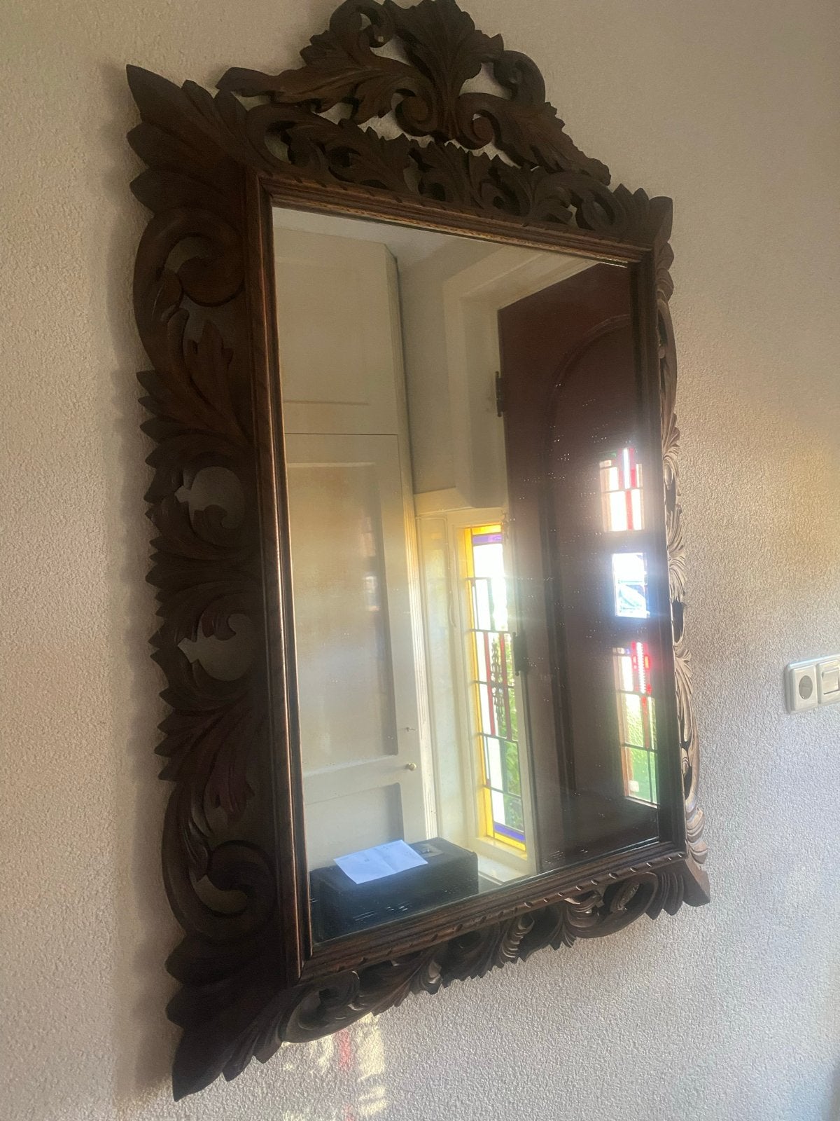 Antieke Franse spiegel, hout gesneden met kuif - 110x75cm, Ophalen, Rechthoekig, 50 tot 100 cm, 100 tot 150 cm