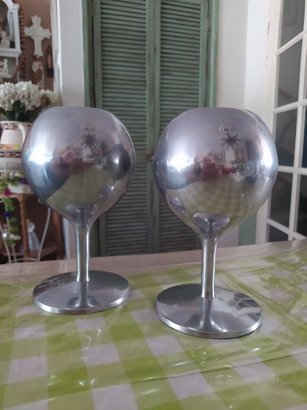 Vintage set space age bolvormige rvs kaarsenhouders, Ophalen of Verzenden, Vintage