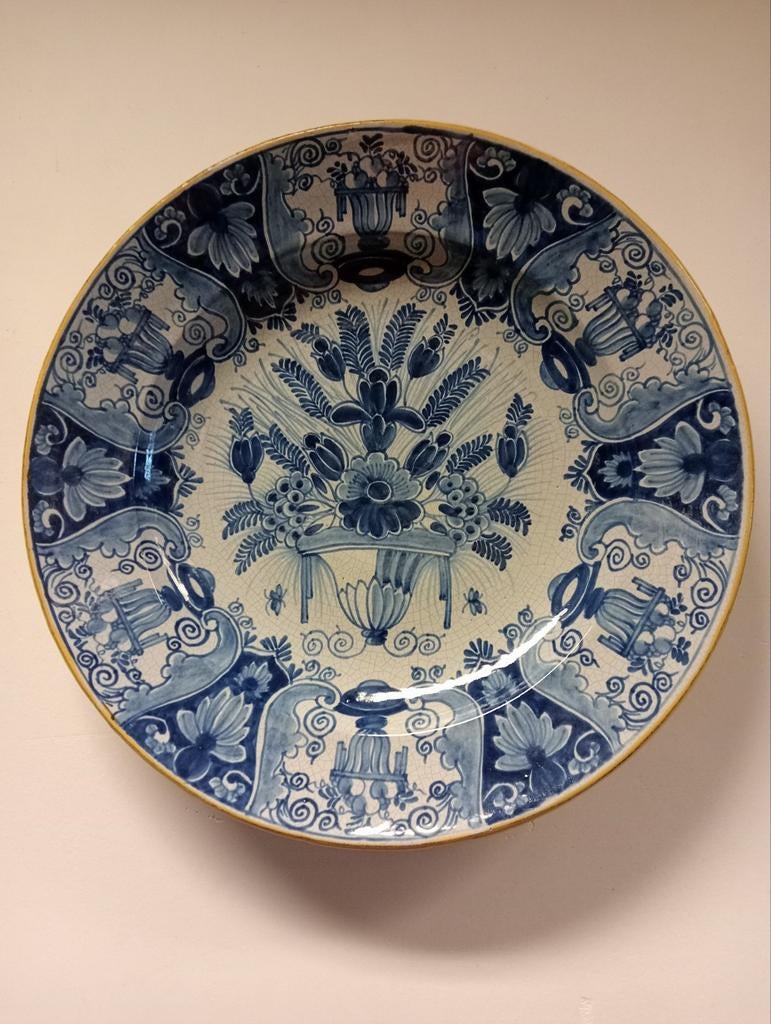 Antiek Groot Delfts Blauw Schotel met Bloemmotief, Ophalen of Verzenden