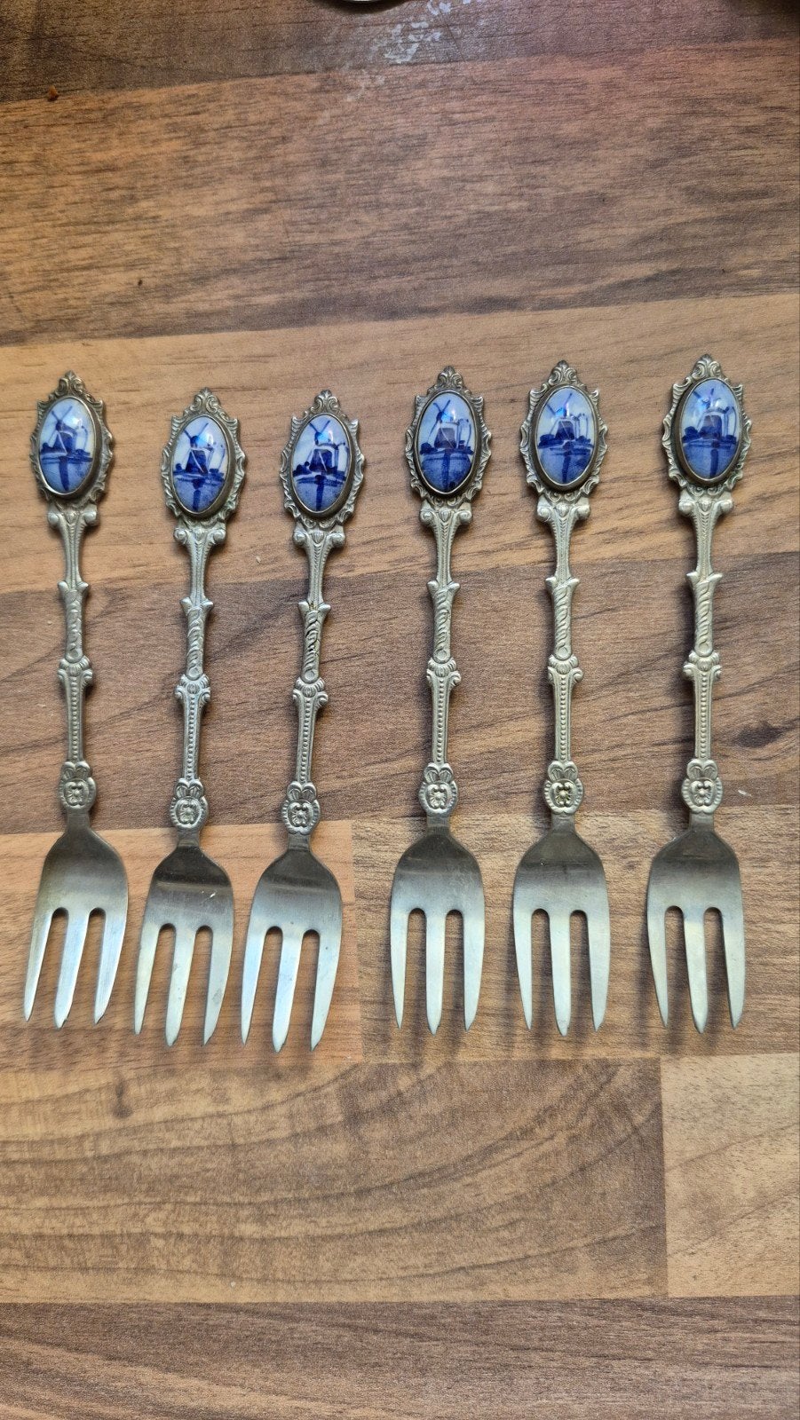 Set van 6 vintage gebaksvorkjes met Delfts blauw decor, Antiek en Kunst, Ophalen of Verzenden