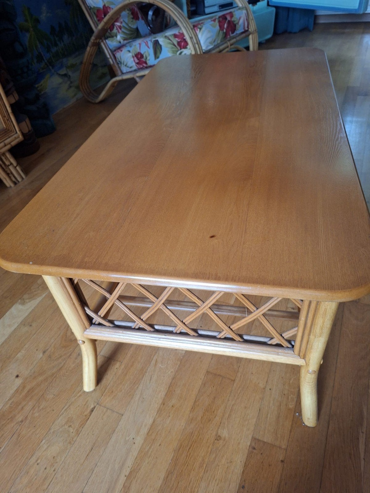 Rotan midcentury salontafel met houten blad, Ophalen, Gebruikt, 100 tot 150 cm, 50 tot 100 cm